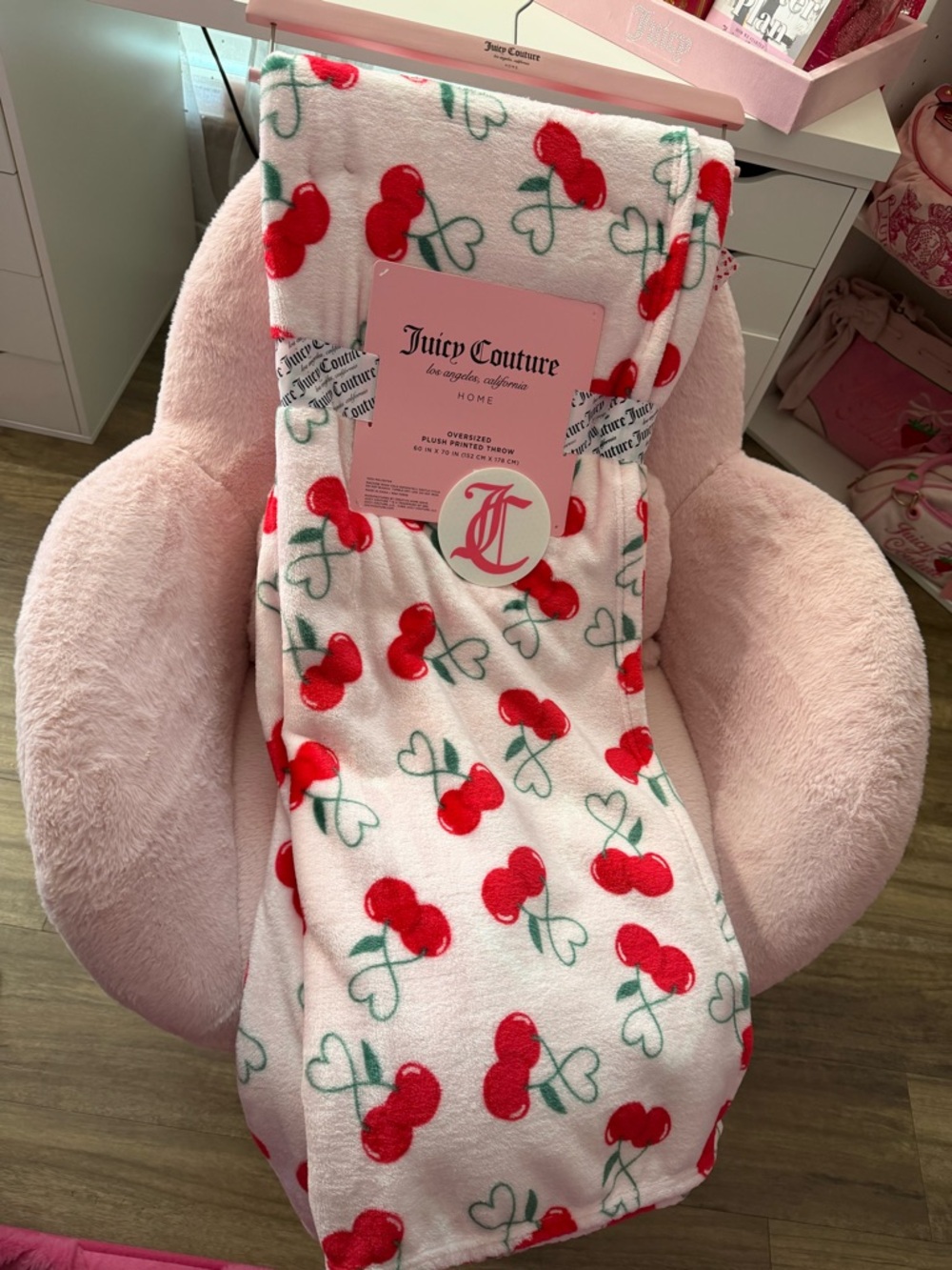 Juicy Couture Pink Throw Blanket with Red Cherry Print